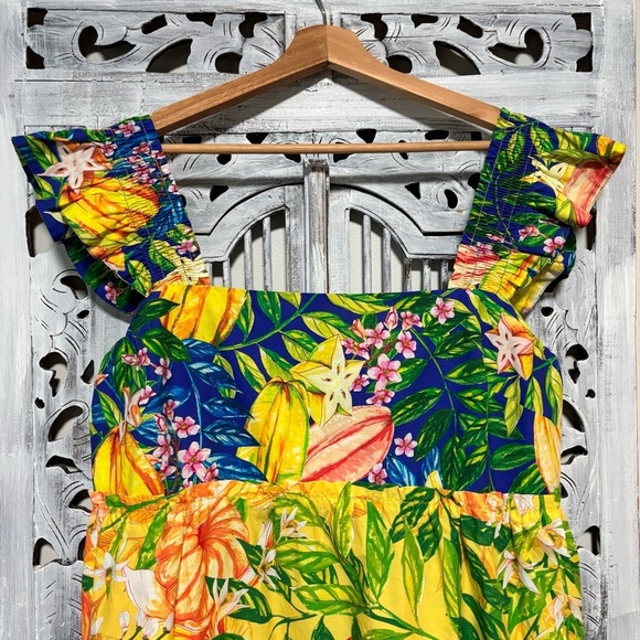 FARM RIO Caipirinha Tiered Printed Ruffle Sleeve Tropical Cotton Mini Dress NWT - Picture 11 of 16